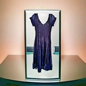 SL Fashions Dress Size M Navy Blue Midi Crinkle Fit & Flare Sheer Cap Sleeves